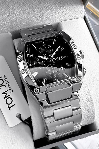 Tom Jones Original Square Case Men Wristwatch Waterproof Silver Color Steel Band Gift Bangle Gtje2099C2