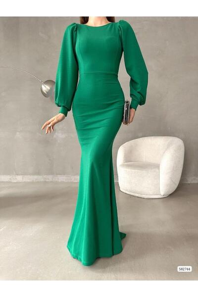 Modafeminen Balon Kol Balık Model Maxi Boy İthal Krep Kumaş Elbise 582744 Zumrut