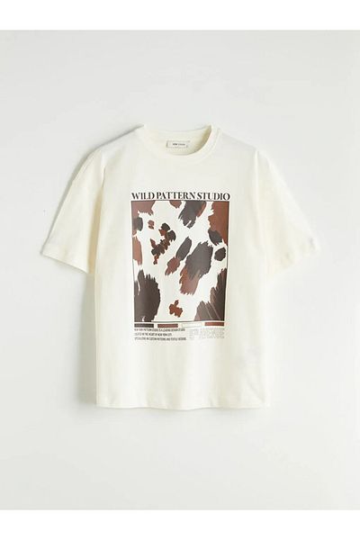 LC Waikiki Lcw Vision Ecru Crew Neck Printed Oversize Women's T-Shirt