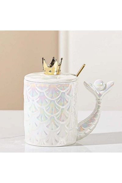 PUFO Cană ceramică Princess cu capac și linguriță pentru cafea sau ceai, 300 ml, albă
