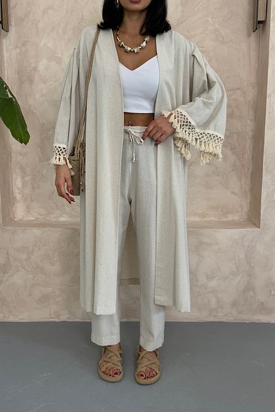 Ortaya Çık Stone Tassel Detailed Raw Linen Kimono Set