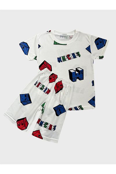 ALİŞ KİDS Boys' Cotton White Cube Patterned Short Sleeve Shorts Summer Pajama Set