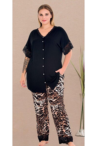 Lady Lingerie Κοντό μανίκι, κουμπιά, λεοπάρ στάμπα, σετ γυναικεία πιτζάμες με...