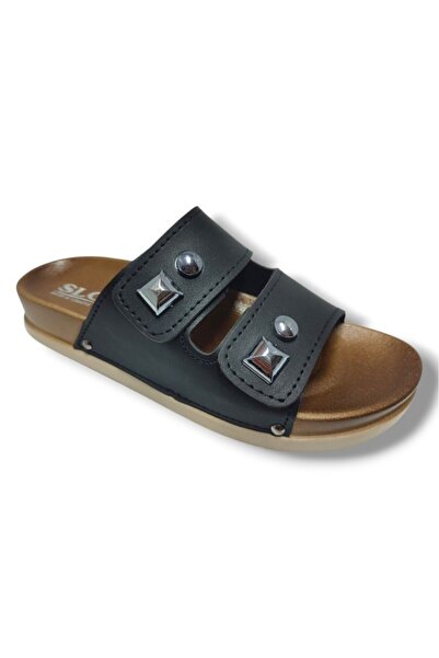 SLC 8104-25 Deri Çift Bant Tokalı Kadın Terlik