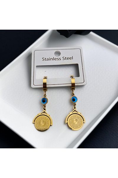 Meyra Accessories Women's Steel Earrings Tarnish-Free Stainless Gold Patterned Evil Eye Beaded Gold Earrings Luxury a Quality