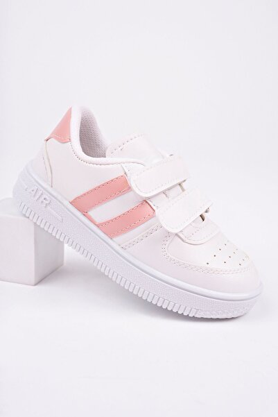 Aymer Beyaz Yanı Pembe Şeritli Cırtlı Çocuk Spor Ayakkabı