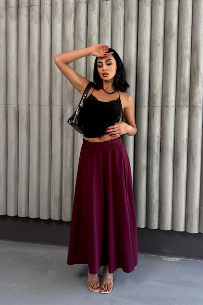 Ortaya Çık Burgundy Elastic Waist Long Flared Skirt