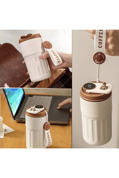 PUFO Cană termos de lux cu indicator LED de temperatură, 400 ml, maro