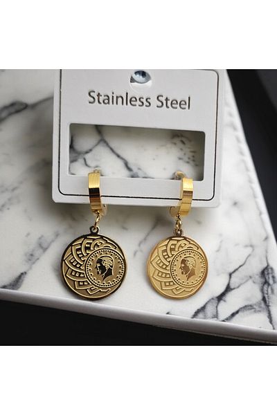 Meyra Accessories Women's Steel Earrings Tarnish-Free Stainless Gold Patterned Inlaid Gold Earrings Luxury a Quality