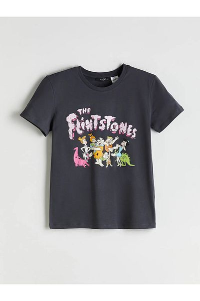 LC Waikiki Xside Anthracite Crew Neck Stone Age Printed Women's T-Shirt