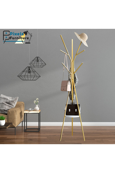 PixelsFurniture Metal Tree Clothes Hanger with Wooden Shelf with 9 Hooks for ...