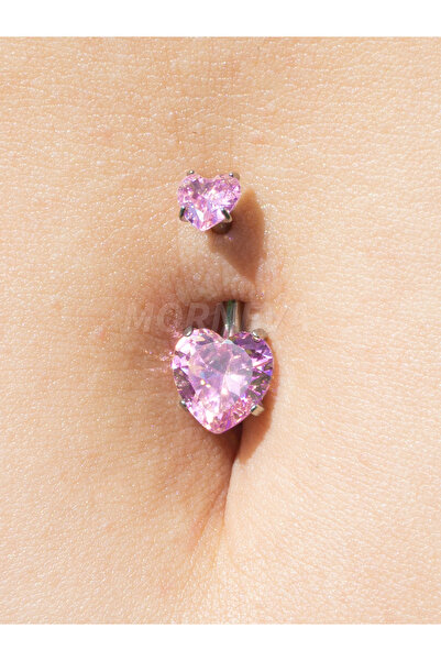 MORNEVA Çift Pembe Kalp Taşlı Çelik Göbek Belly Piercingi