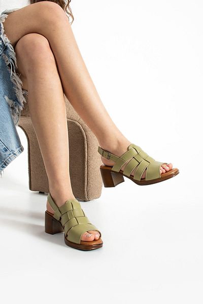Getcho Stone Women's Heeled Green Sandals Ankle Strap Block Heel Genuine Leather Summer Casual Stylish Model
