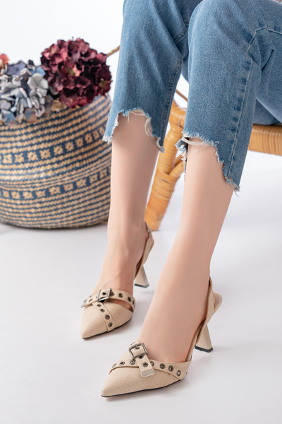 Santamarina حذاء نسائي بكعب كلاسيكي من قماش الدنيم باللون البيج