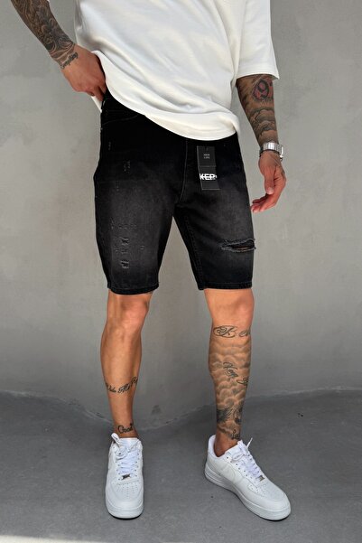 MADZEYMODA Siyah Denim Kumaş Yırtık Detaylı Erkek Jean Kot Şort Mz534