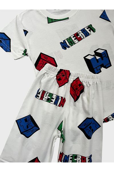 ALİŞ KİDS Boys' Cotton White Cube Patterned Short Sleeve Shorts Summer Pajama Set