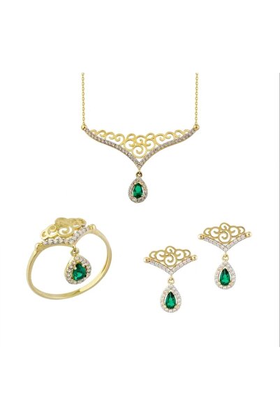 by milo jewellery 14 Ayar Altın Zümrüt Taşlı Üçlü Set