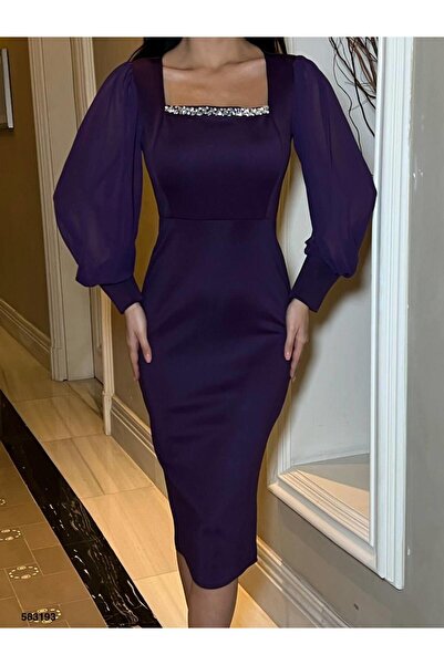 Modafeminen Skuba Kumaş Elbise Mor 583193