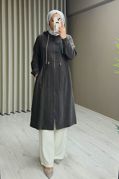 NOSHE Silk Cupra Fabric Hooded Waist Drawstring Detailed Medium Length Cap