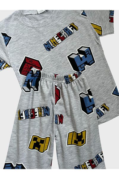 tusem butik homewear Set pijamale de vară pentru băiat, culoare gri, cu model cub, cu mâneci scurte