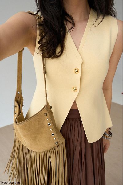 CADDELAMODA Women's V-Neck Gold Buttoned Vest