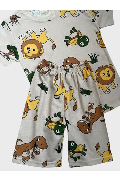 tusem butik homewear Boy's Beige Safari Patterned Short Sleeve Shorts Summer Pajama Set