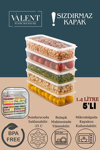 VALENT 5 Adet Vakumlu Sızdırmaz Erzak Fresh Saklama Kabı Seti 1400ml - Şeffaf...