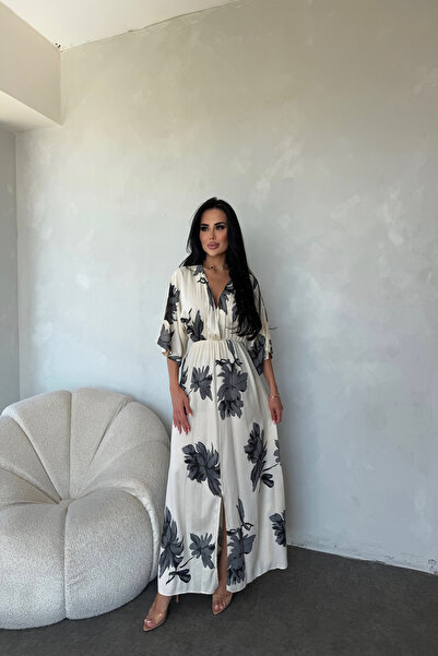 LİLA İSTANBUL فستان صيفي بياقة مزدوجة الصدر وأكمام خفاش وطبعة زهور من قماش ال...