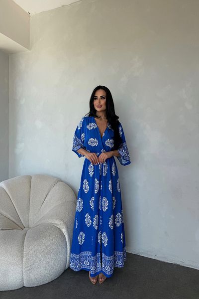 LİLA İSTANBUL Double Breasted Collar Bat Sleeve Ethnic Patterned Viscose Fabric Slit Detail Summer Dress