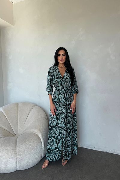 LİLA İSTANBUL Double Breasted Collar Bat Sleeve Ethnic Patterned Viscose Fabric Slit Detail Summer Dress