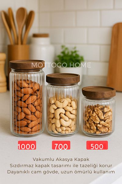 Mottogo Acacia Lid Glass Jar Set (500 ml - 700 ml - 1000 ml)
