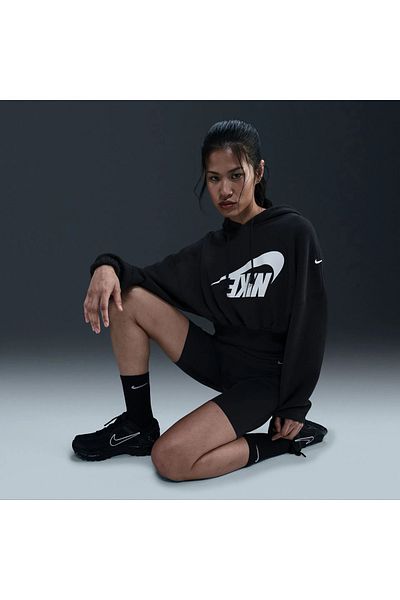 Nike Sportswear Oversized Cropped French Terry Pullover Hoodie Women Black Sweatshirt