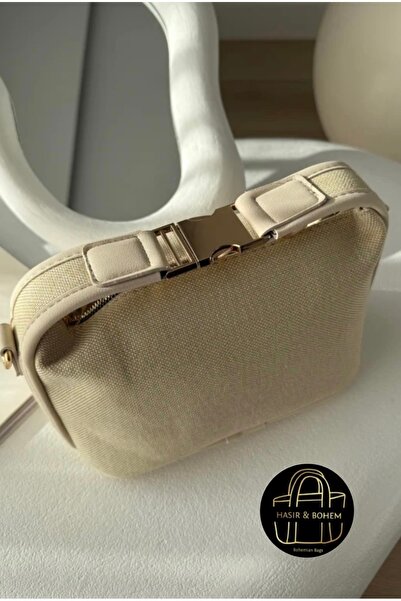 hasır bohem Kadın kanvas metal tokalı el ve omuz çantası