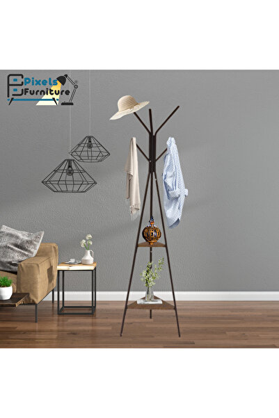PixelsFurniture علاقة ملابس معدنية على شكل شجرة مع 2 رف خشبي مع 9 خطافات لتعل...
