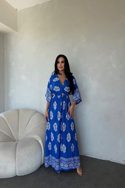 LİLA İSTANBUL Double Breasted Collar Bat Sleeve Ethnic Patterned Viscose Fabric Slit Detail Summer Dress
