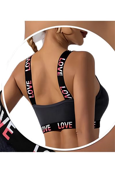 BUSYET "Love" Printed Sports Bra Dark Grey Light Grey 2Pcs Breathable Sports Bra Comfortable Bra
