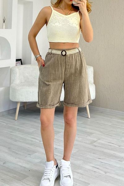 AYASOFYA OTANTIK Women's Light Brown Elastic Waist Belt Detailed Cotton Linen Shorts with Side Pockets