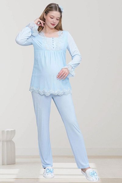 Mecit Pijama Women's Long Sleeve Lace (Guipure) Detailed Maternity Pajama Set 75% Cotton 25% Viscose