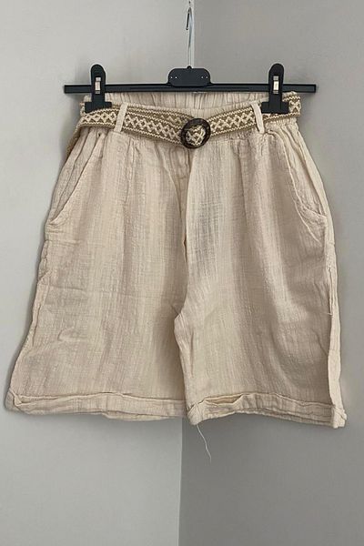 AYASOFYA OTANTIK Women's Beige Elastic Waist Belt Detailed Cotton Linen Shorts with Side Pockets
