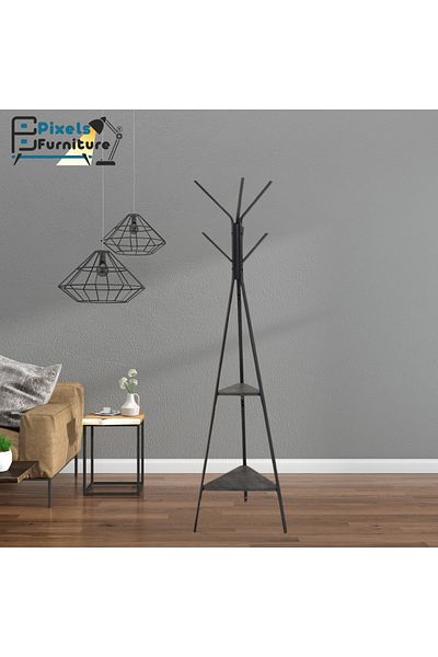 PixelsFurniture Metal Tree Clothes Hanger with 2 Wooden Shelves and 9 Hooks for Hanging Clothes and Scarves by Pixel Furniture