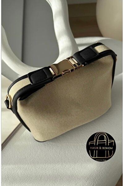 hasır bohem Kadın kanvas metal tokalı el ve omuz çantası