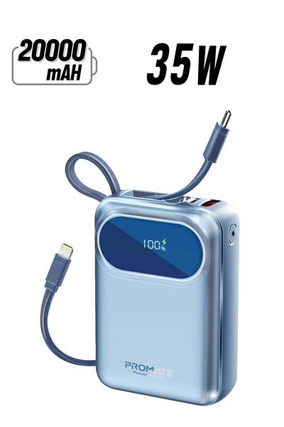 Promate 20000mAh Power Bank with Built-in USB-C and Lightning Cables, Fast Charging, Powerpod-20 Blue