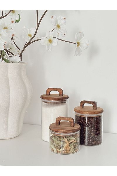 Mirilliahome Set of 3 Glass Jars with Acacia Lids – Transparent Storage Jar for Kitchen