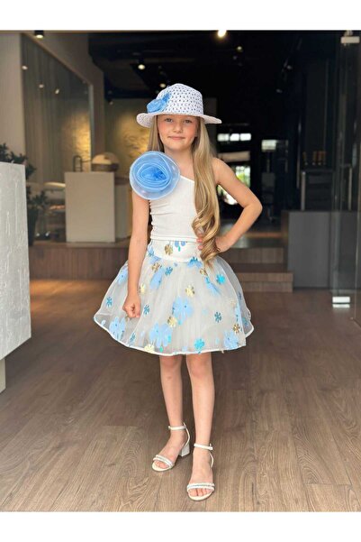 ugurbocegicocukdunyası Set pentru fetiță, cu un singur umăr, broșă cu trandafiri, model jacquard, cu fustă, set 3 piese, pălărie/bluză/fustă