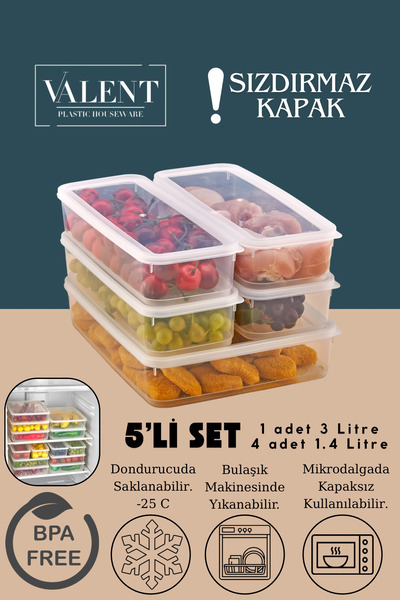 VALENT 5 Li Set Sızdırmaz Fresh Saklama Kabı 1 adet 3000ml 4 adet 1400ml - Şe...