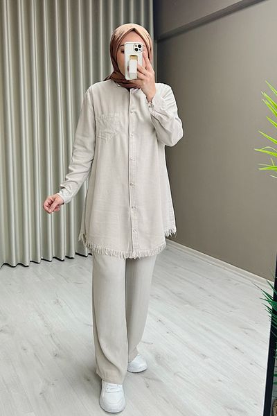 T Moda Store Premium Fabric Snap Button Detailed Shirt Trousers Double Hijab Suit