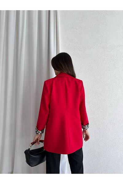 ENZOI Red Leopard Lined Double Breasted Collar Blazer Jacket