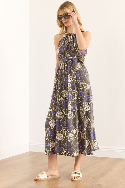 Olalook Γυναικείο Χακί Μωβ Φόρεμα με ζώνη με γιακά Halter ELB-19001548