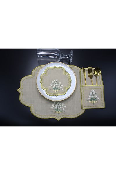 Nakışkonsept Daisy Pattern Embroidered 18 Piece American Service Set for 6 People