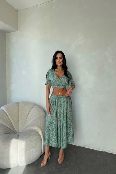LİLA İSTANBUL V-Neck Viscose Fabric Floral Patterned Skirt Suit Summer Dress